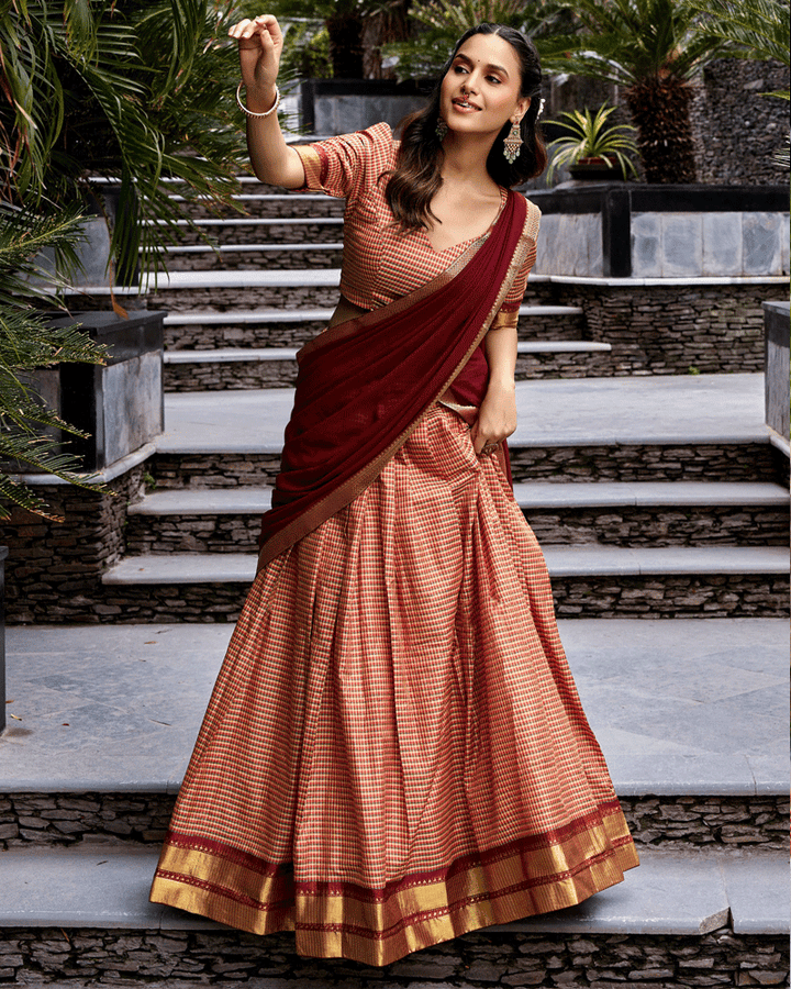 Vibrant Peach Color Kanchi Cotton Silk Half Saree