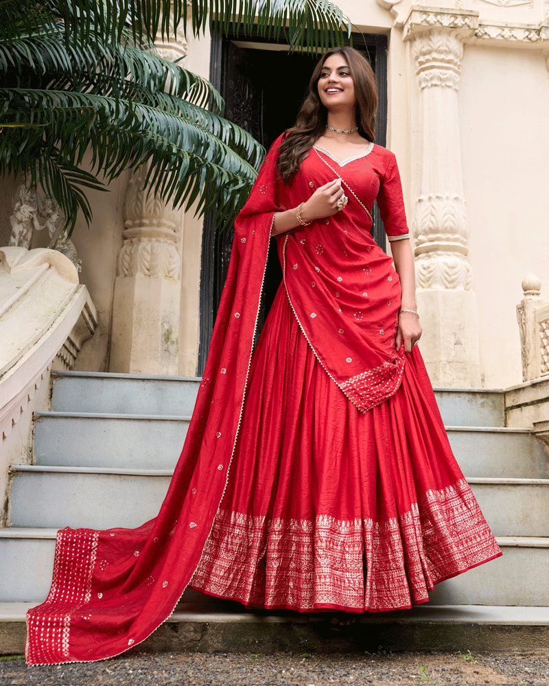 Traditional Red Color Pure Chanderi Lehenga Choli