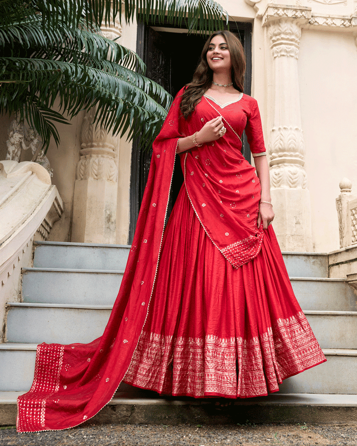 Traditional Red Color Pure Chanderi Lehenga Choli