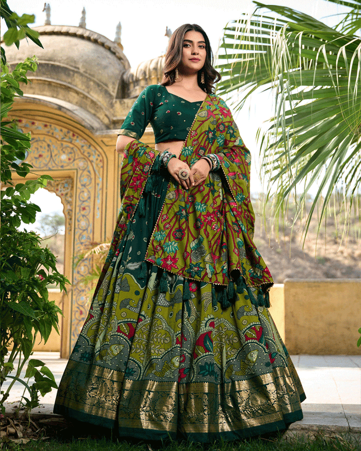 Green Color Tasar Silk Printed Lehenga Choli