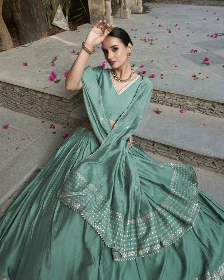 Beautiful Sea Green Color Pure Chanderi Lehenga Choli