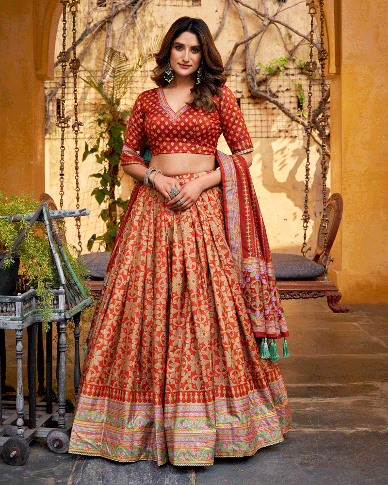 Rust Orange Color Sparkle Printed Silk Lehenga Choli