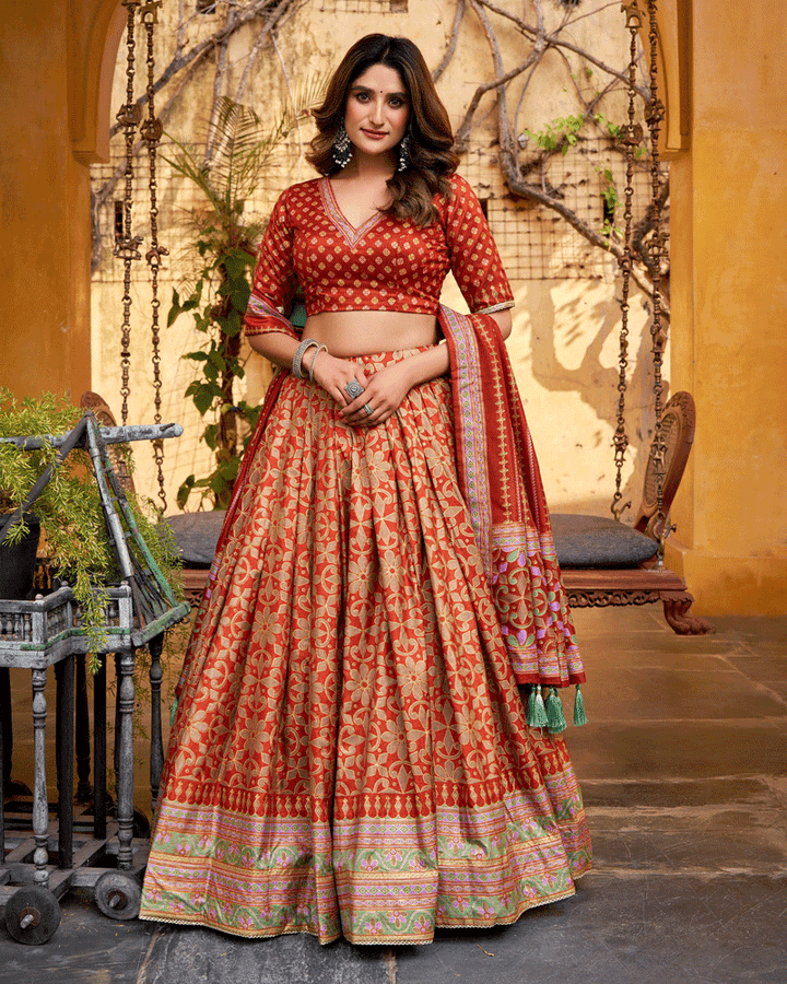 Rust Orange Color Sparkle Printed Silk Lehenga Choli