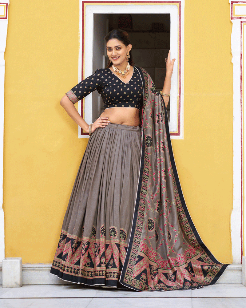 Designer Black Color Tasar Silk Printed Lehenga Choli
