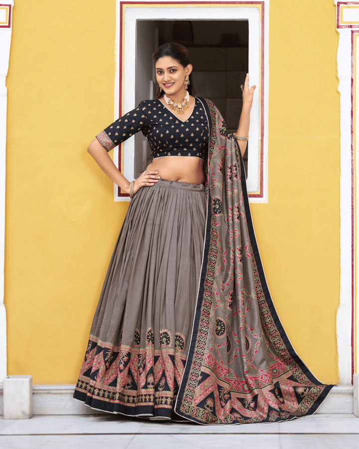 Designer Black Color Tasar Silk Printed Lehenga Choli