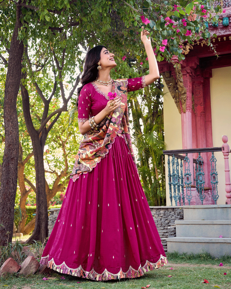 Pink Vichitra Silk Embroidered Lehenga Choli Set