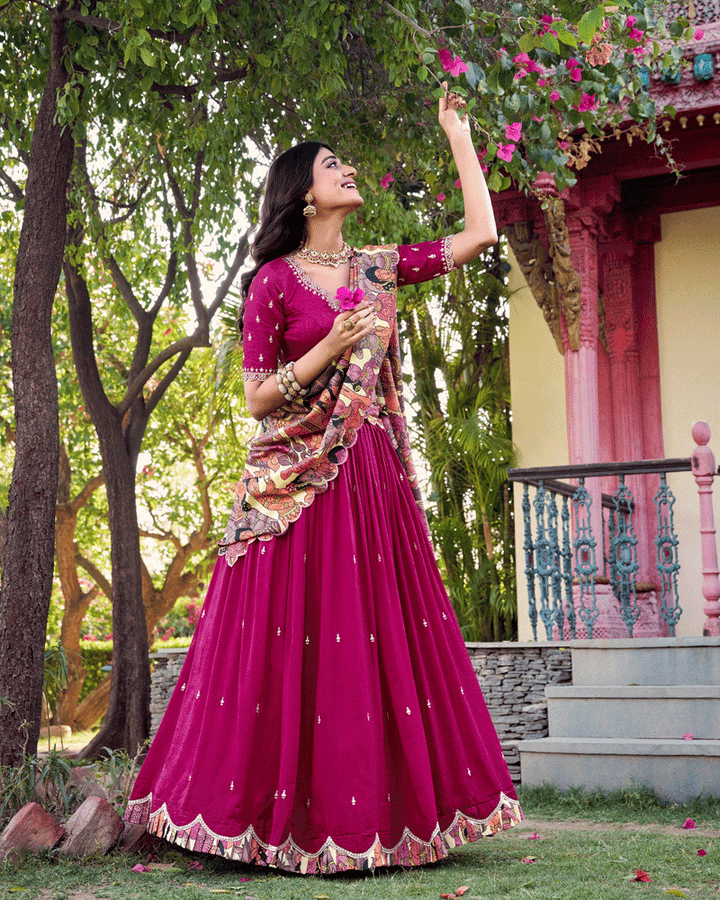 Pink Vichitra Silk Embroidered Lehenga Choli Set