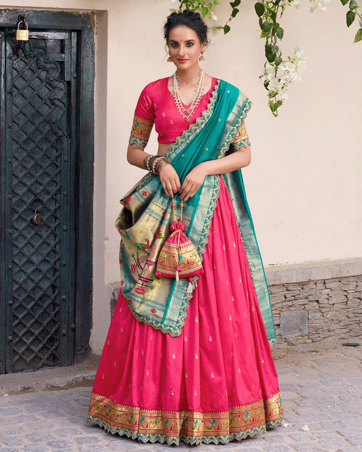 Pink Embroidered Jacquard Paithani Silk Lehenga Choli