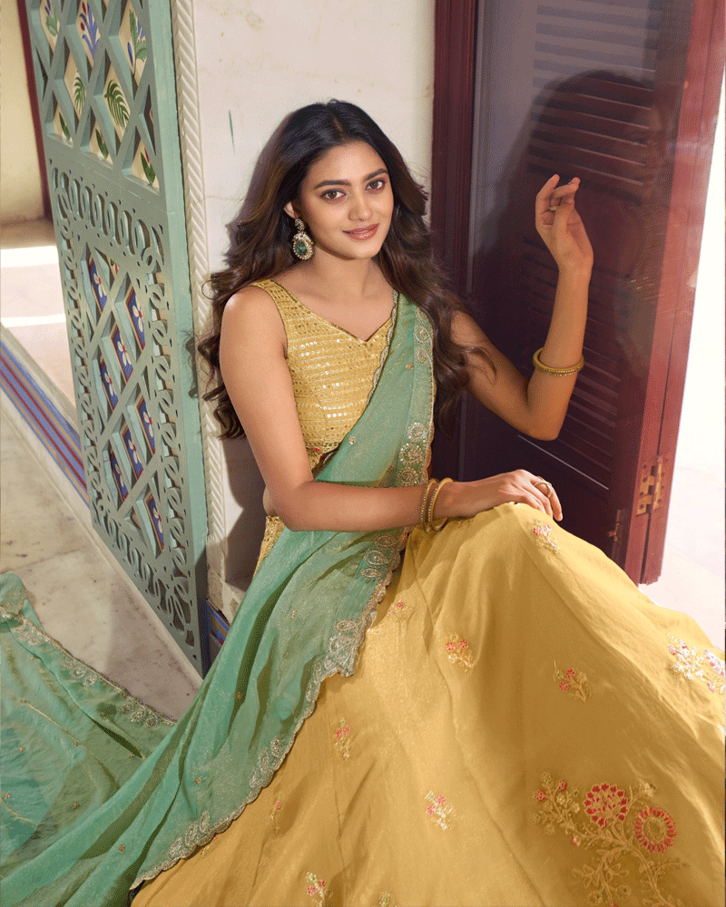 Mustard Gold Floral Embroidered Silk Lehenga Choli