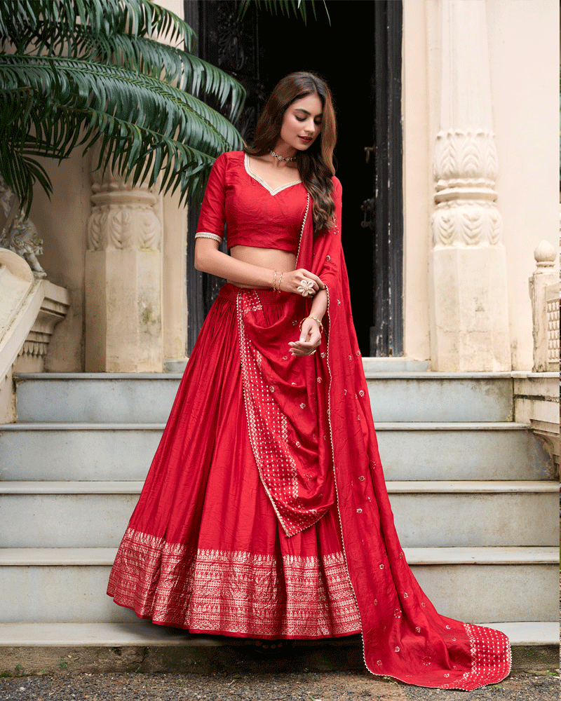 Traditional Red Color Pure Chanderi Lehenga Choli