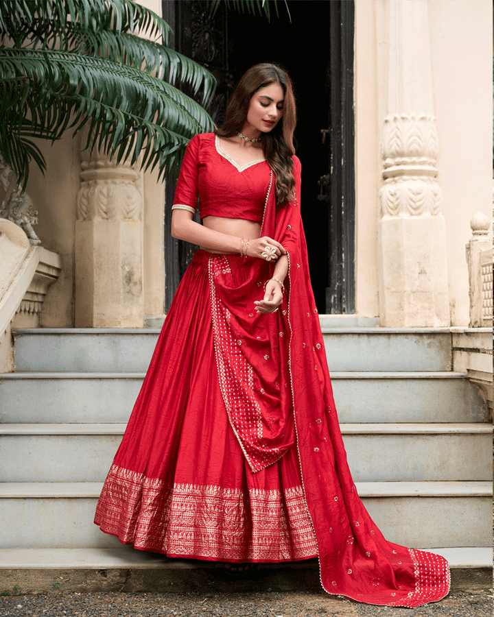 Traditional Red Color Pure Chanderi Lehenga Choli