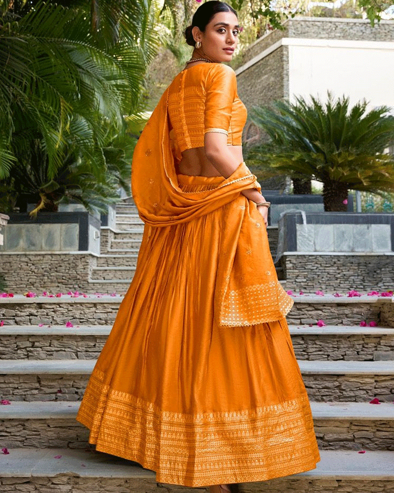 Festive Orange Color Pure Chanderi Lehenga Choli