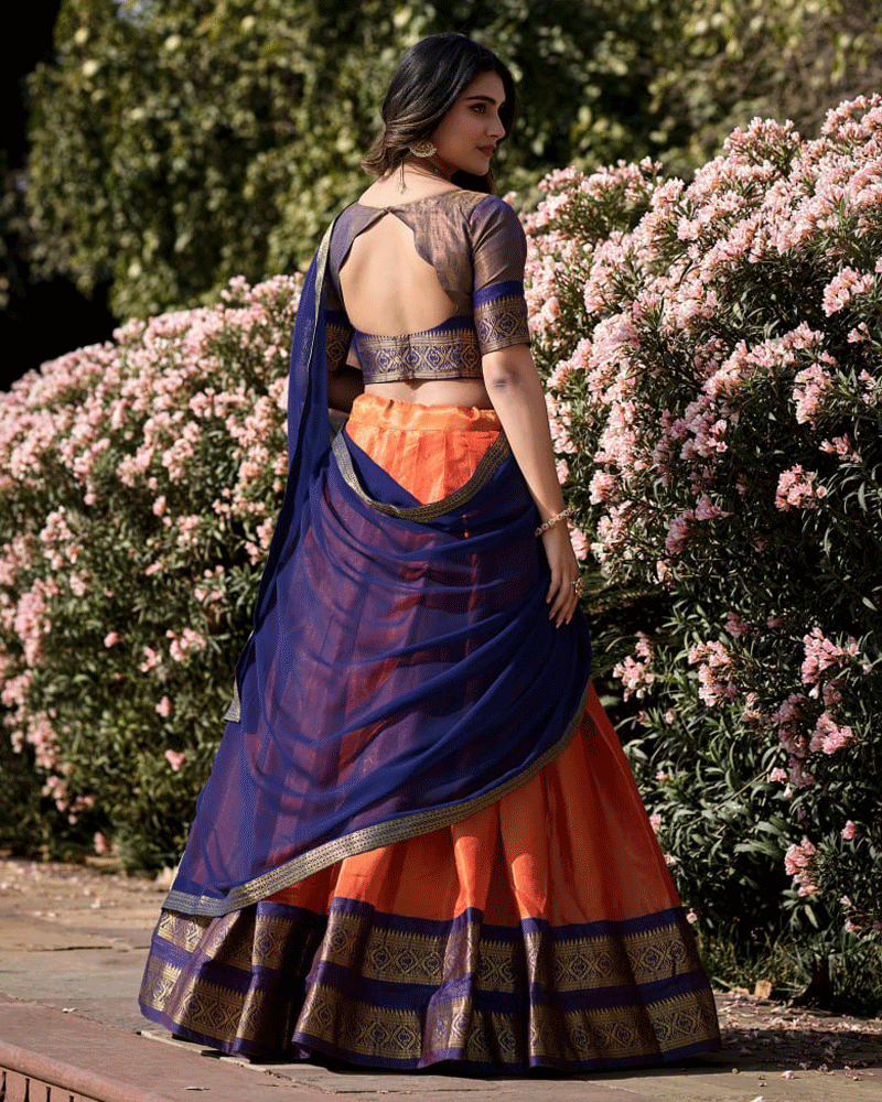 Designer Orange Kanchipuram Half Saree