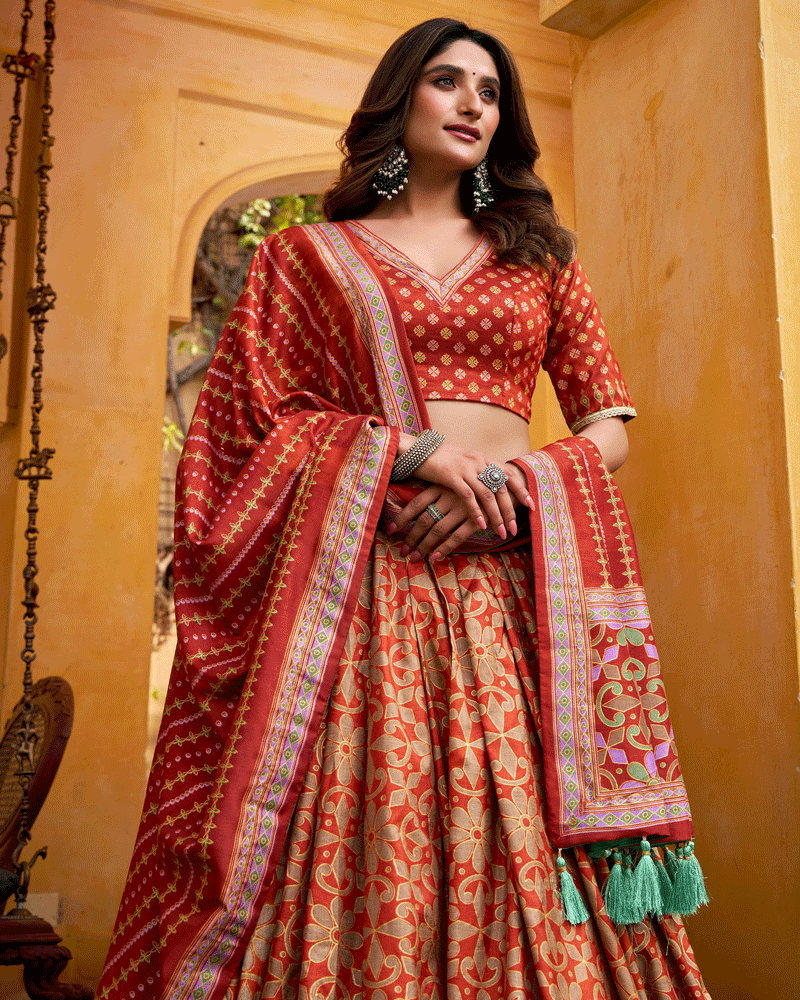 Rust Orange Color Sparkle Printed Silk Lehenga Choli