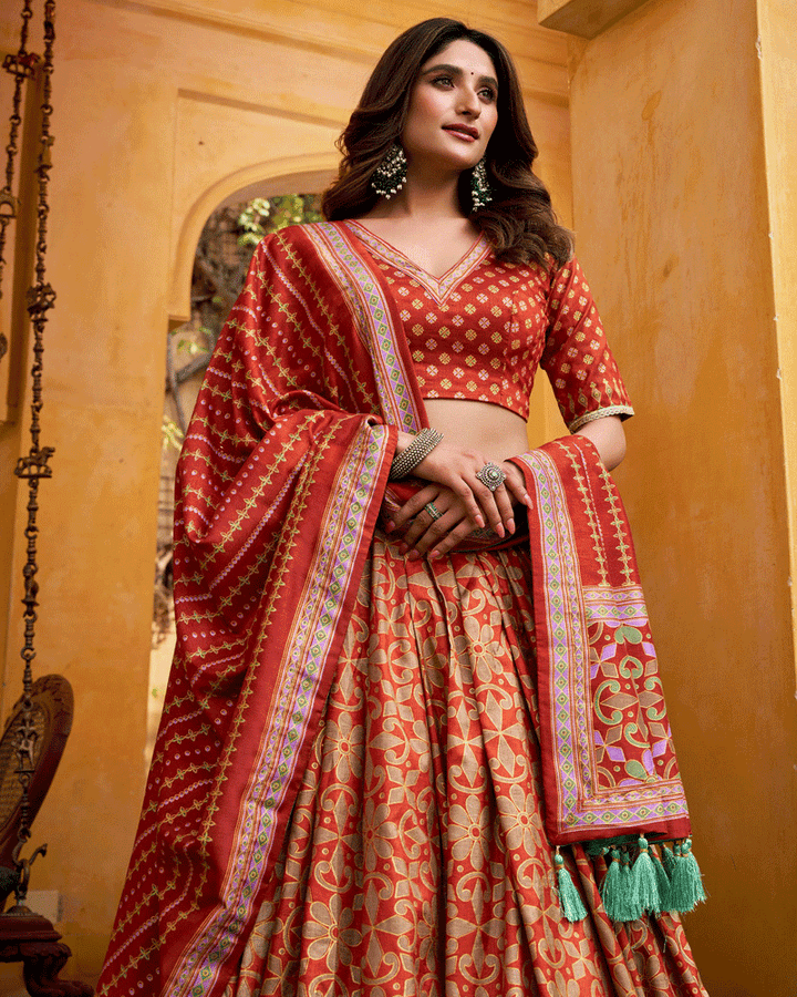 Rust Orange Color Sparkle Printed Silk Lehenga Choli