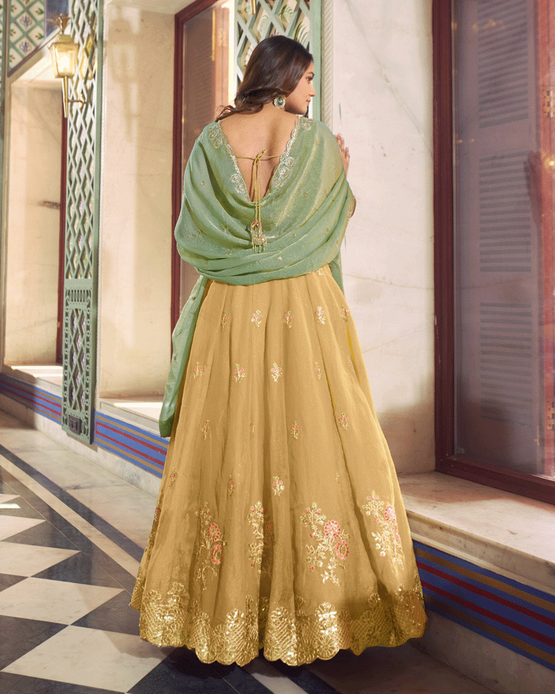 Mustard Gold Floral Embroidered Silk Lehenga Choli