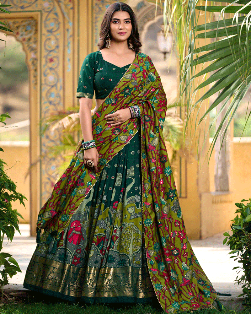 Green Color Tasar Silk Printed Lehenga Choli