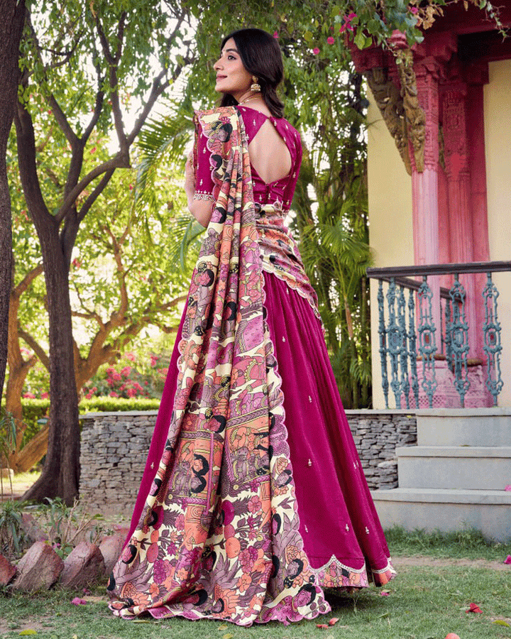 Pink Vichitra Silk Embroidered Lehenga Choli Set