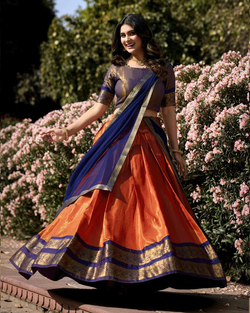 Designer Orange Kanchipuram Half Saree