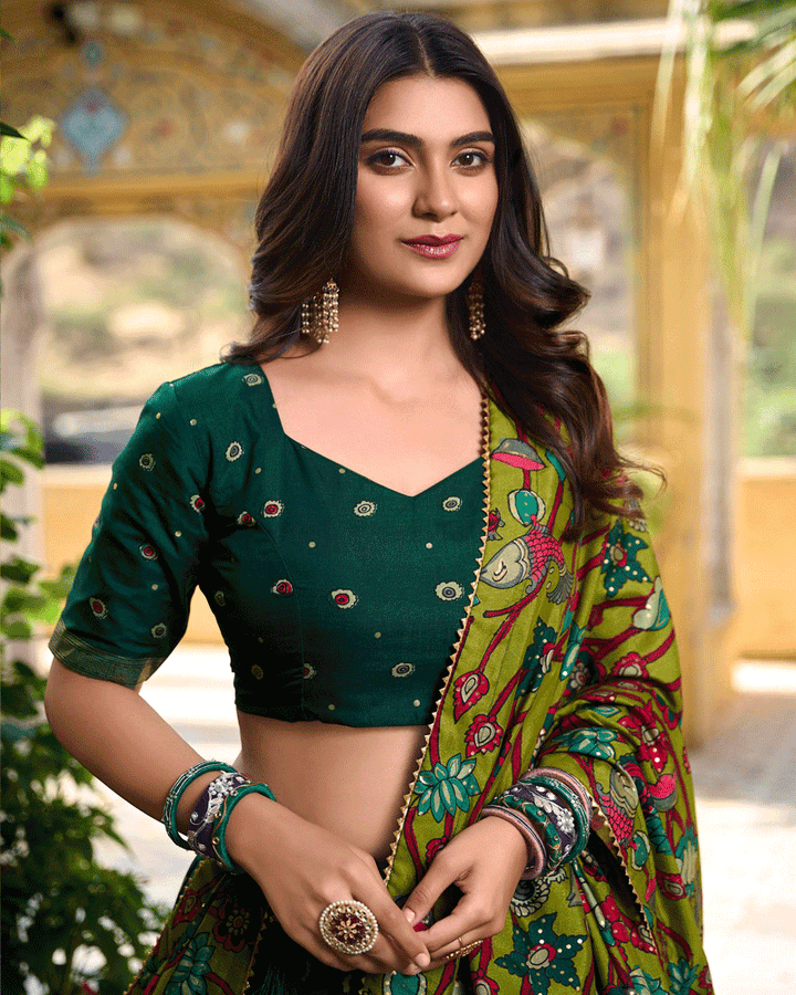 Green Color Tasar Silk Printed Lehenga Choli