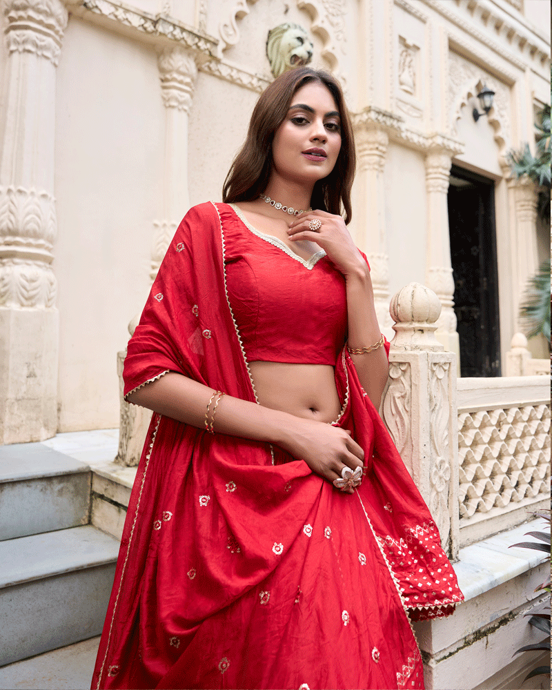Traditional Red Color Pure Chanderi Lehenga Choli