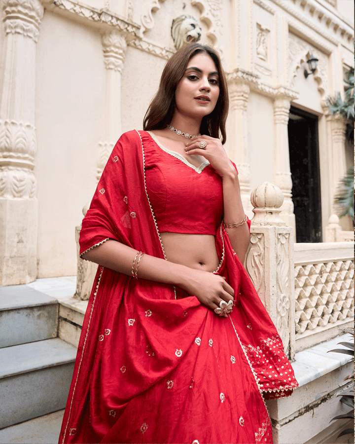 Traditional Red Color Pure Chanderi Lehenga Choli