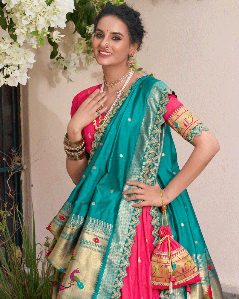 Pink Embroidered Jacquard Paithani Silk Lehenga Choli