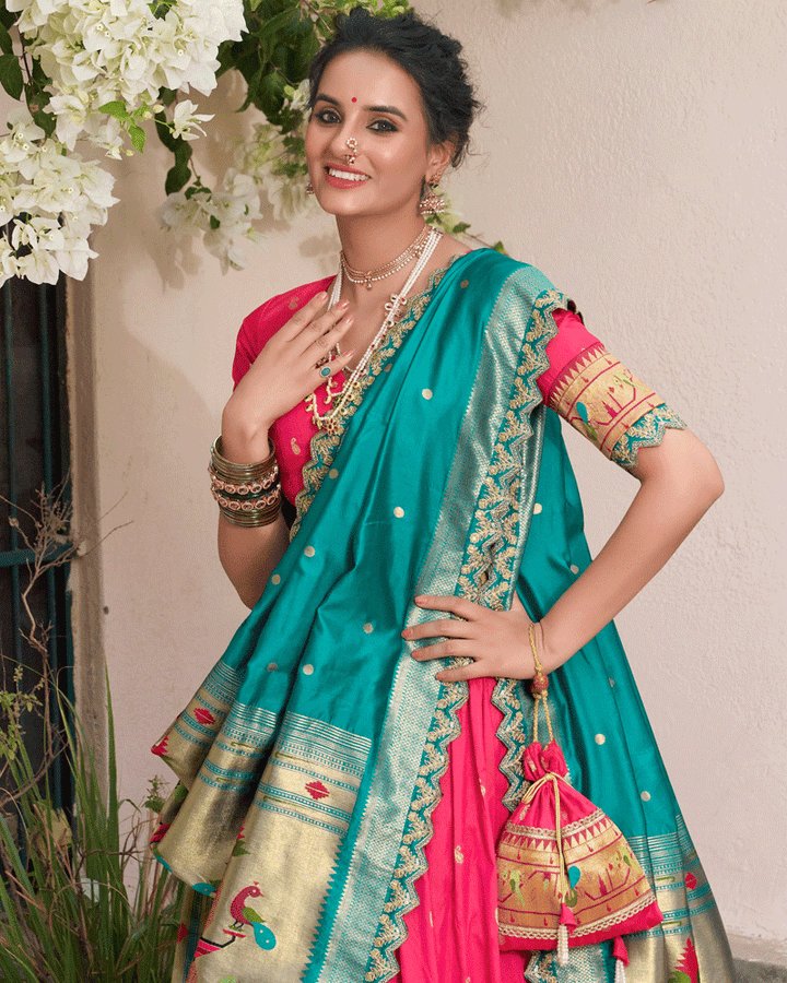 Pink Embroidered Jacquard Paithani Silk Lehenga Choli