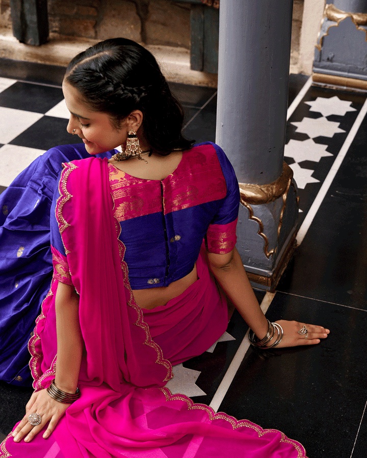 Elegant Royal Blue Color Traditional Cotton Silk Half Saree