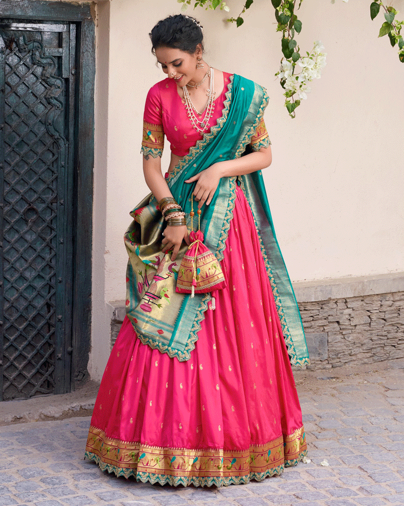 Pink Embroidered Jacquard Paithani Silk Lehenga Choli