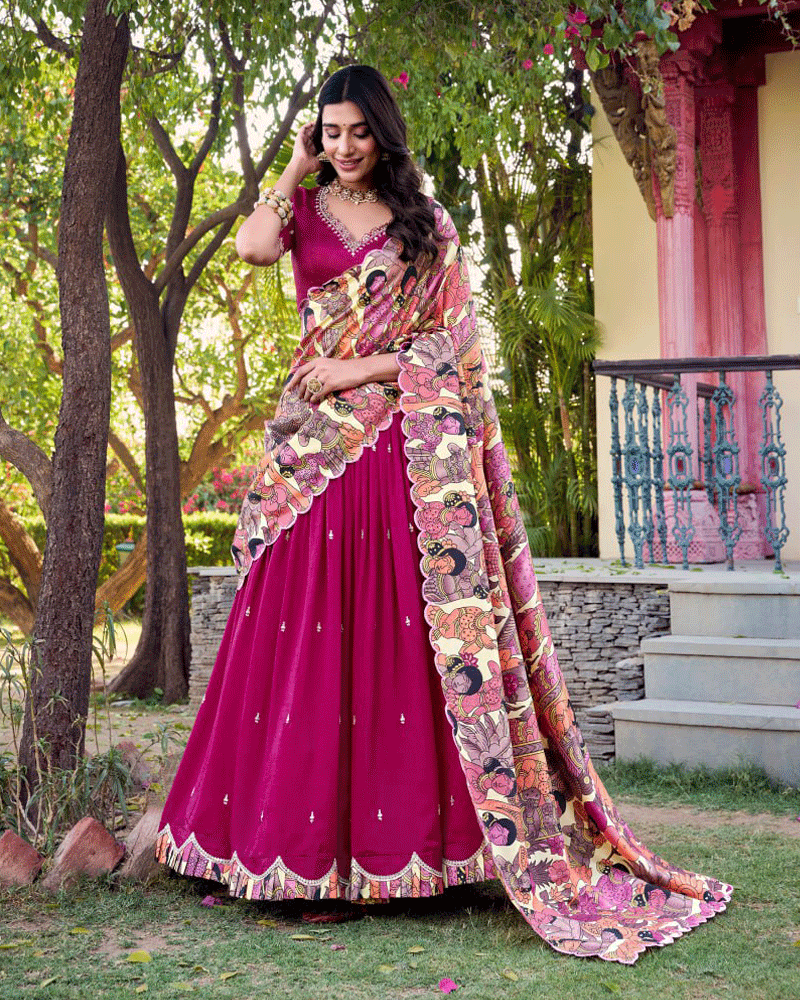 Pink Vichitra Silk Embroidered Lehenga Choli Set