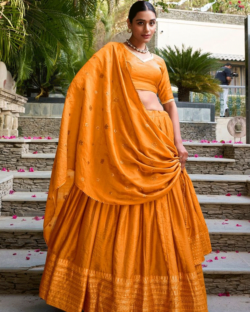 Festive Orange Color Pure Chanderi Lehenga Choli