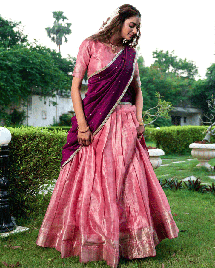 Beautiful Salmon Pink Kanchipuram Half Saree