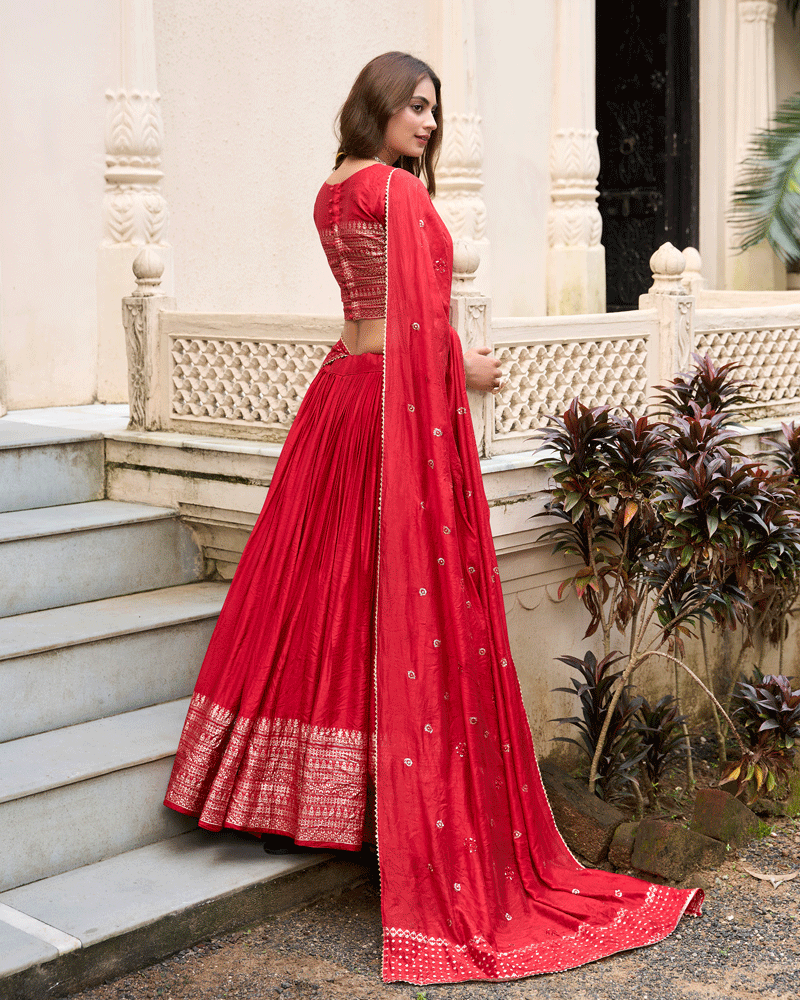 Traditional Red Color Pure Chanderi Lehenga Choli