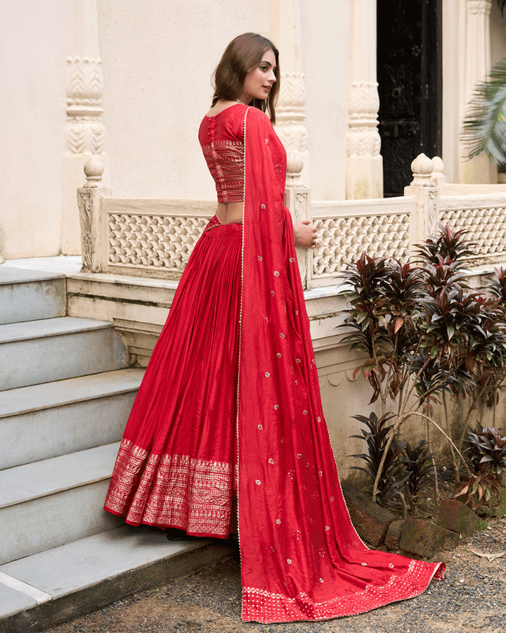 Traditional Red Color Pure Chanderi Lehenga Choli
