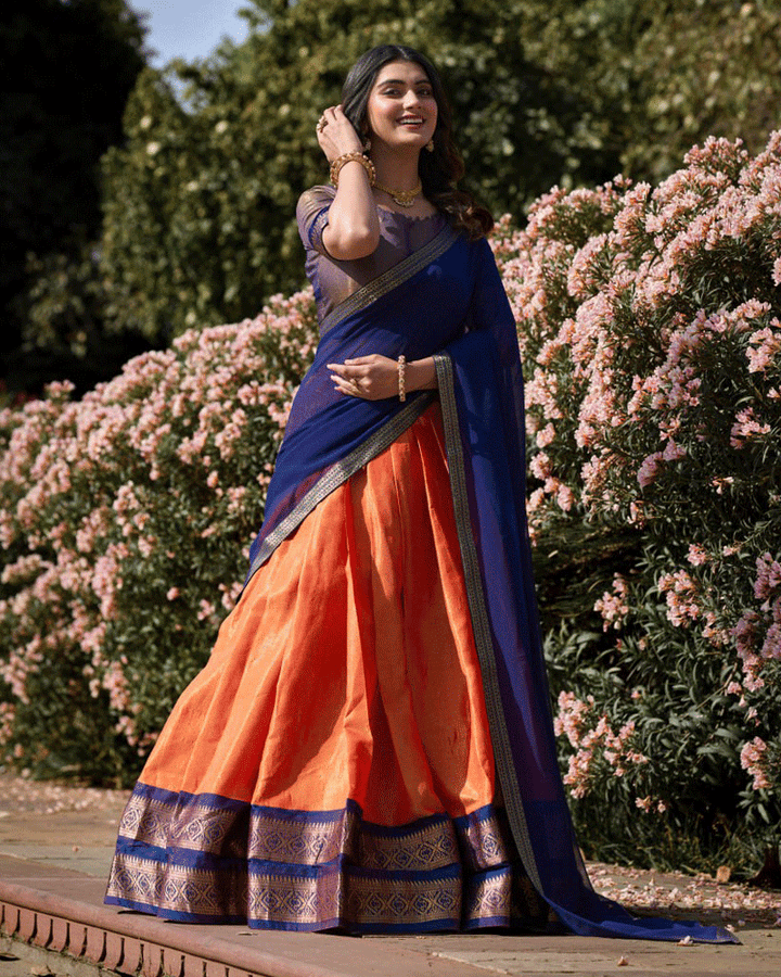 Designer Orange Kanchipuram Half Saree