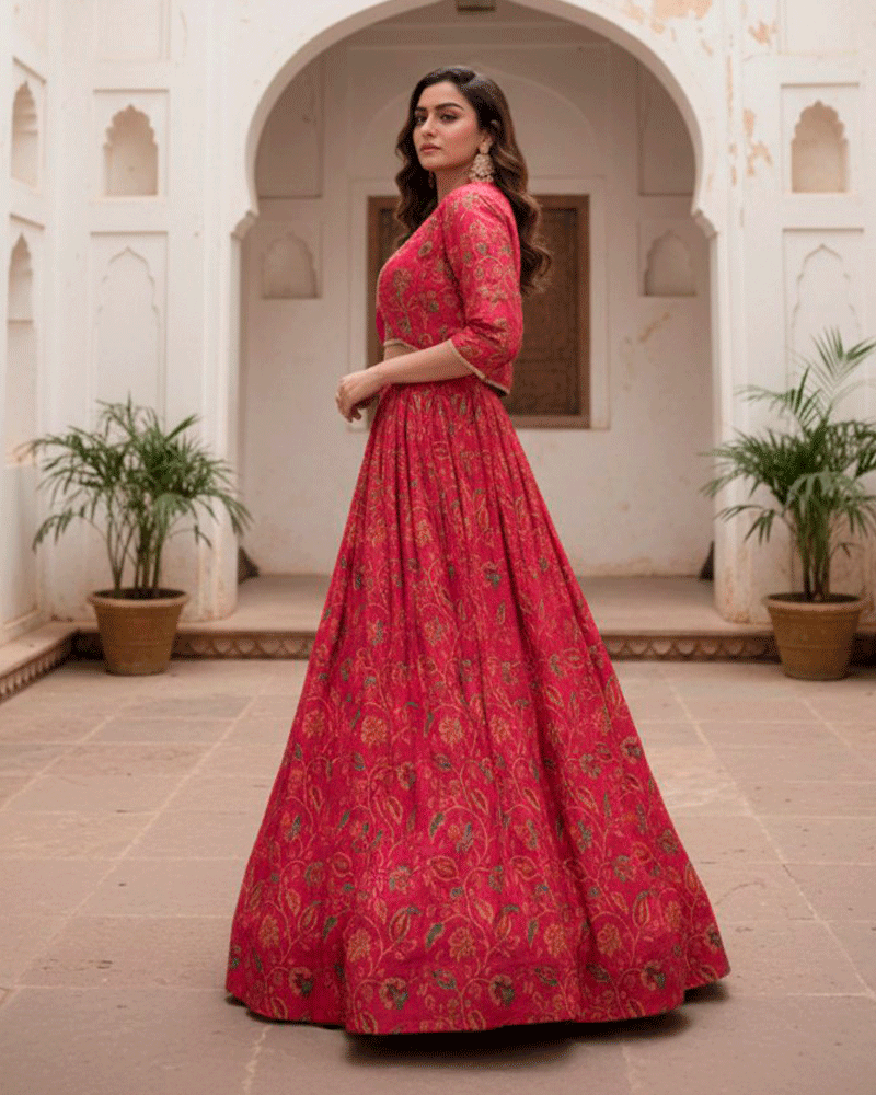 Royal Berry Floral Print Silk Lehenga Choli Set