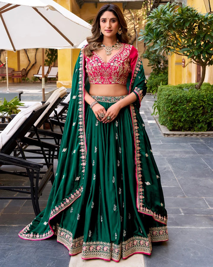Peacock Green Color Silk Satin Embroidered Lehenga Choli