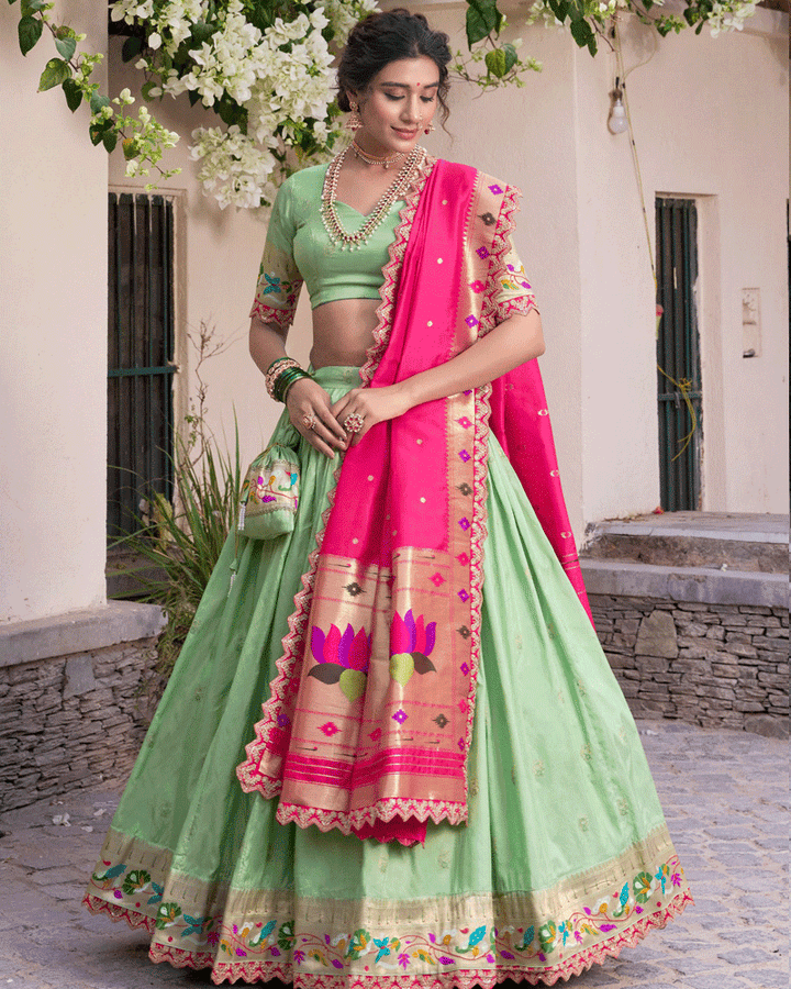 Pista Embroidered Jacquard Paithani Silk Lehenga Choli