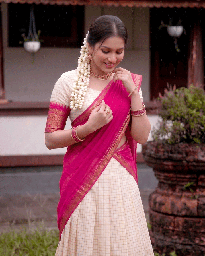 Pink Color Crafted Poly Cotton Half Saree