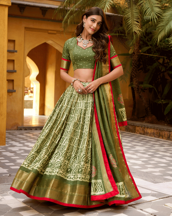 Mehndi Color Ethnic Batik Printed Lehenga Set