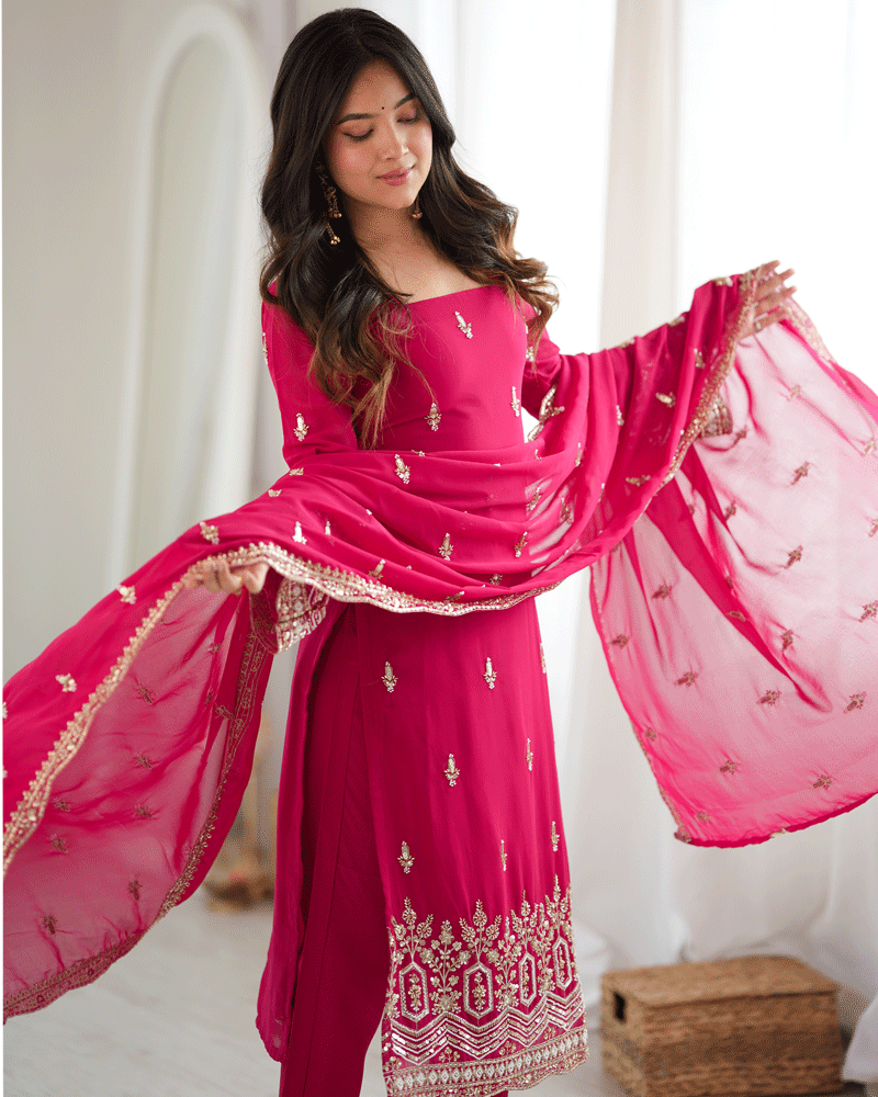 Rani Pink Color Embroidered Traditional Kurta Pant Dupatta Set