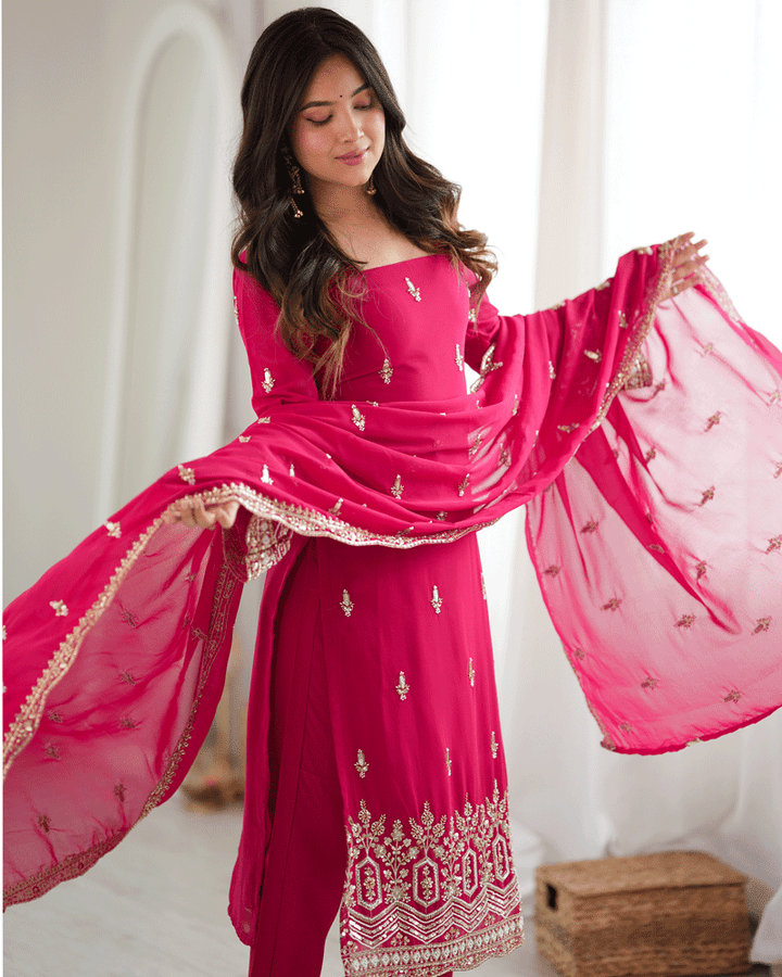 Rani Pink Color Embroidered Traditional Kurta Pant Dupatta Set