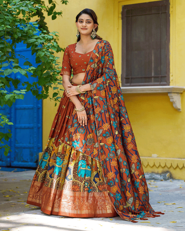 Rust Orange Color Tasar Silk Printed Lehenga Choli