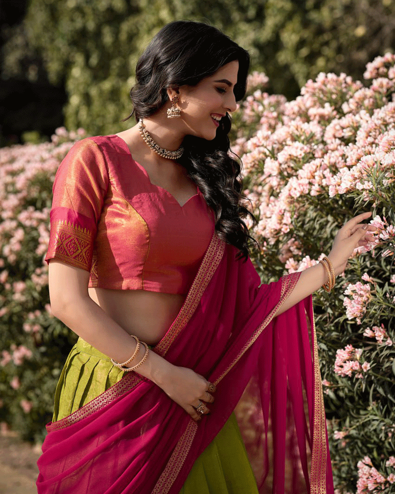 Designer Parrot Green Kanchipuram Half Saree