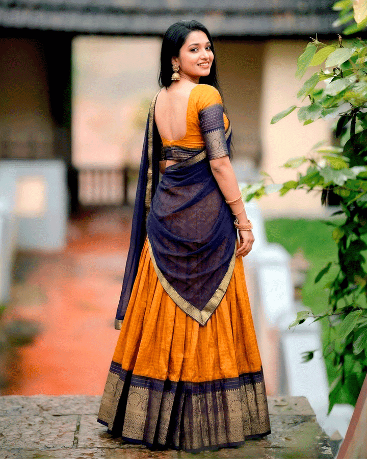 Designer Mustard Color Dola Silk Half Saree
