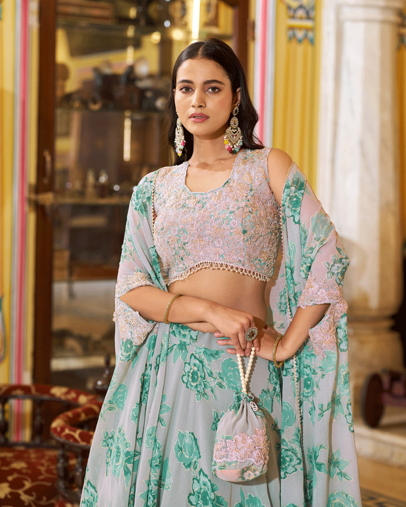 Peacock Green Georgette Embroidered Lehenga Choli