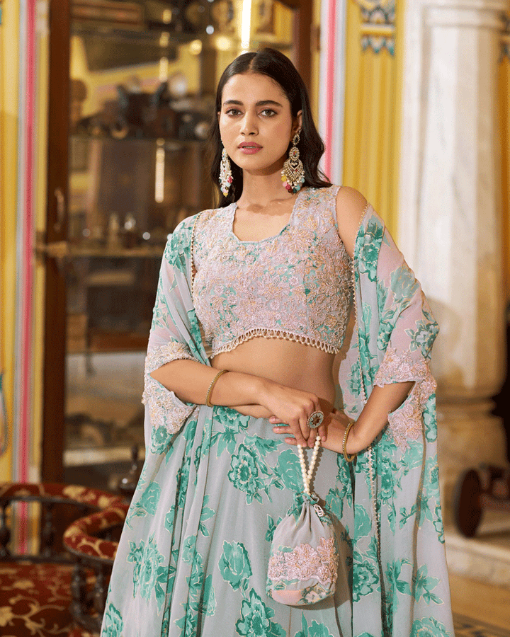 Peacock Green Georgette Embroidered Lehenga Choli