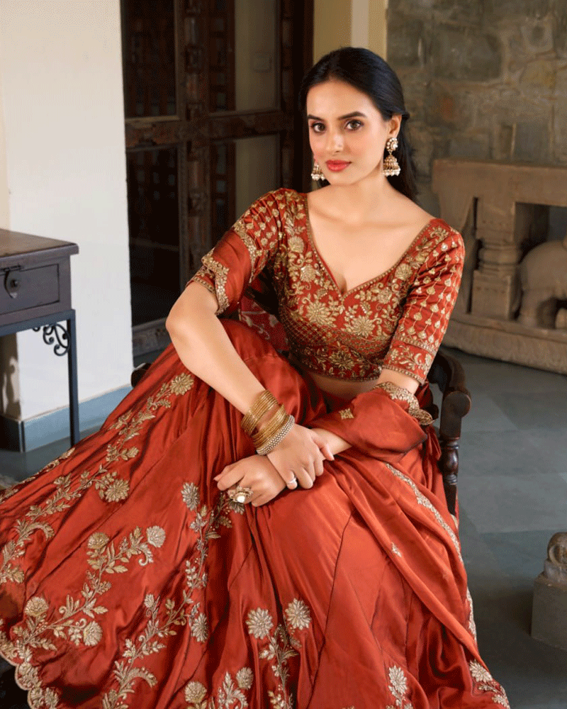 Rust Orange Floral Embroidered Rangoli Silk Lehenga Choli