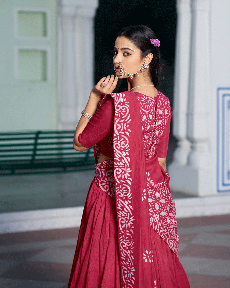Rani Pink Color Cotton Chanderi Traditional Lehenga Set